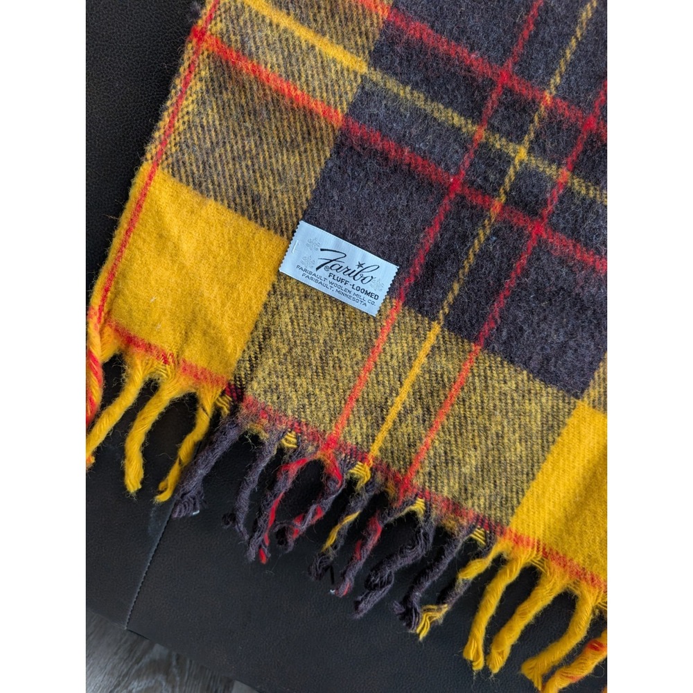 Vintage Faribo Fluff-Loomed Wool Blanket Yellow Navy Red Plaid Fringed 60x48